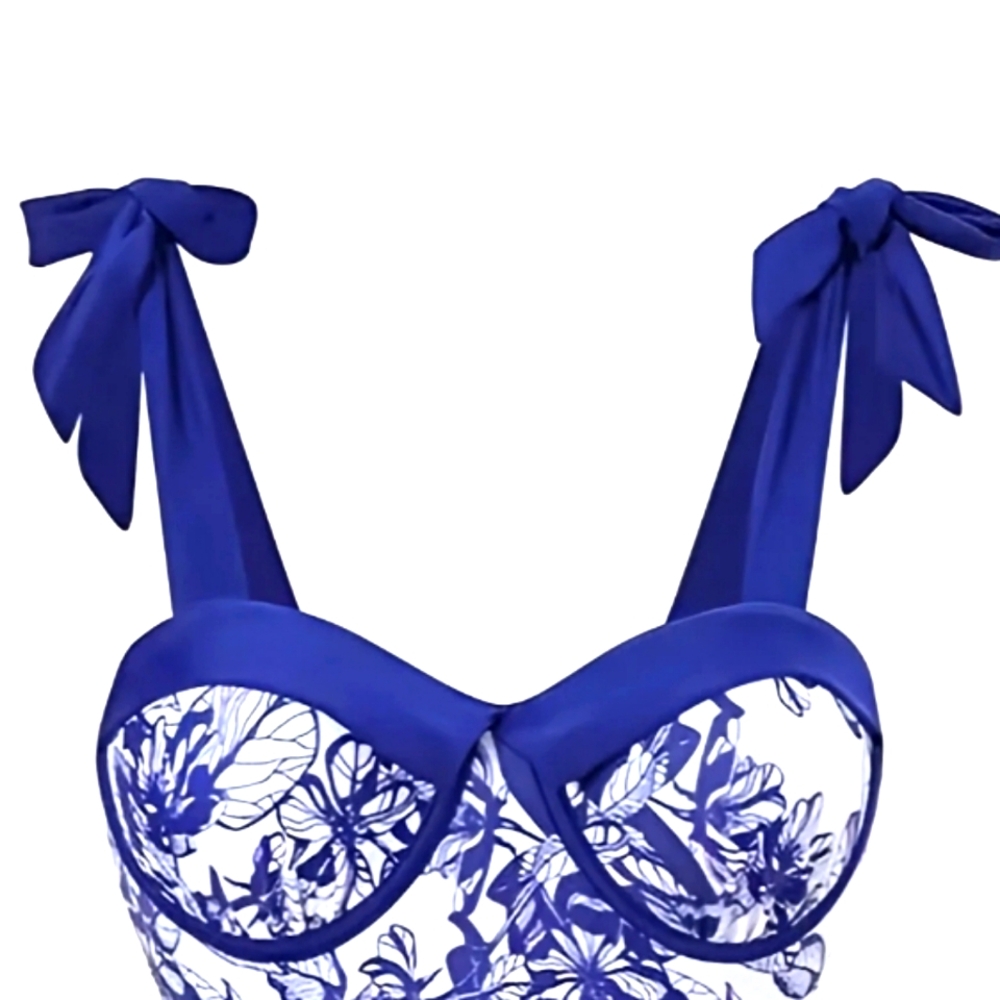 New Blue Floral Print Swim Top L